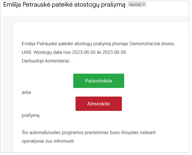 Darbuotojo prašymo tvirtinimo lange pasirinkimai